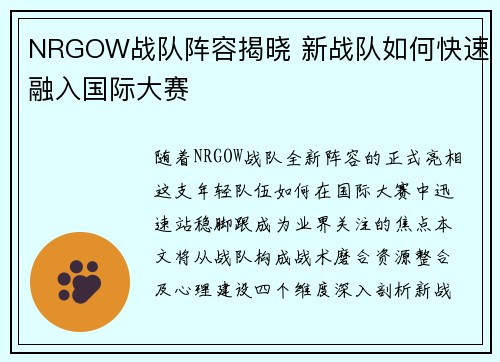 NRGOW战队阵容揭晓 新战队如何快速融入国际大赛