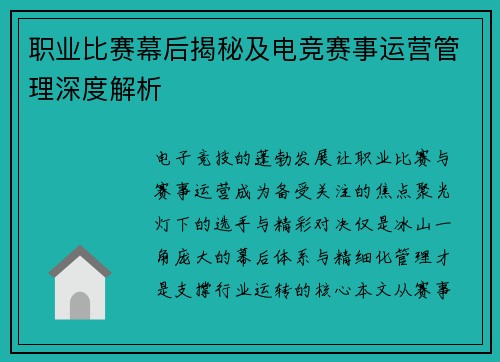 职业比赛幕后揭秘及电竞赛事运营管理深度解析